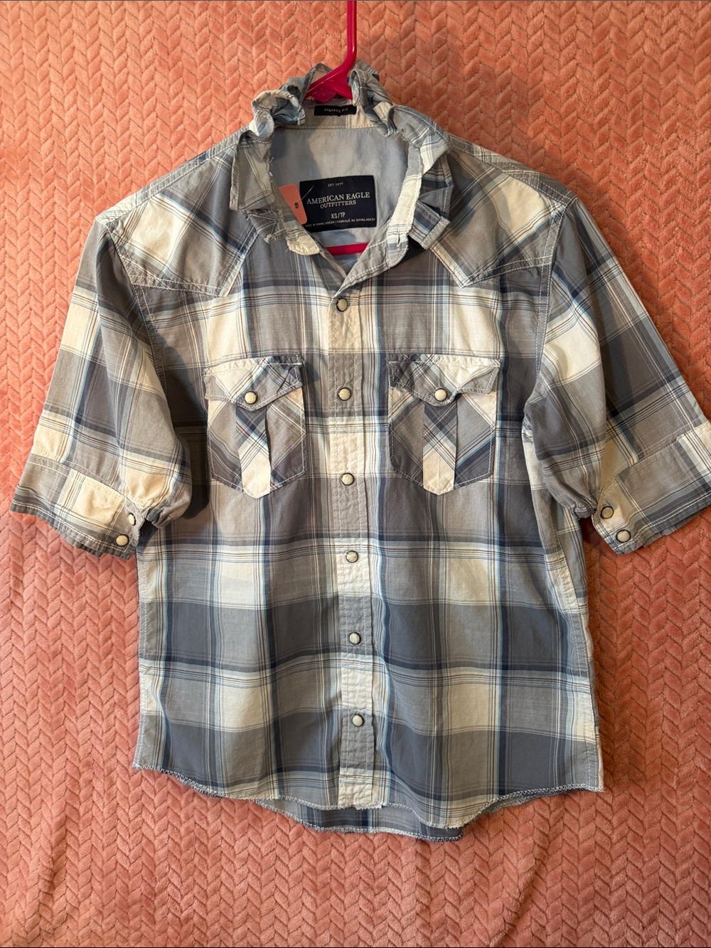 American Eagle Blue & Cream Plaid Button-Up Shirt: CUSTOM RUFFLE